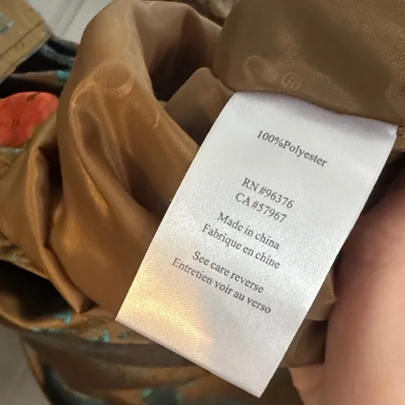 Samuel Dong Olive Green Satin Floral Wrap Dress Coatwith Purple & Orange Accents - Picture 9 of 9